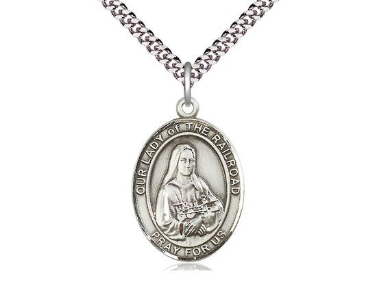 Our Lady of the Railroad Sterling Silver Pendant  on a 24 inch Light Rhodium Heavy Curb Chain.