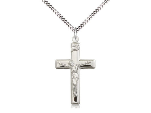 Sterling Silver Crucifix Pendant on a 18 inch Light Rhodium Light Curb Chain.