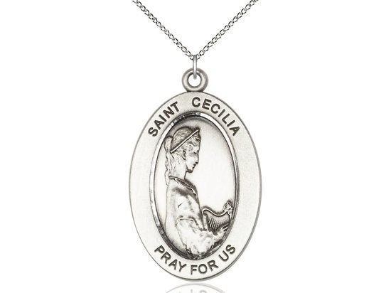 St. Cecilia Sterling Silver Pendant on a 18 inch Sterling Silver Light Curb Chain.