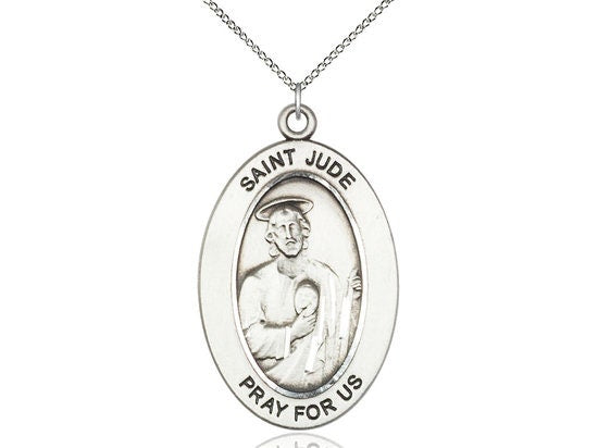 St. Jude Thaddeus Sterling Silver Pendant on a 18 inch Sterling Silver Light Curb Chain.