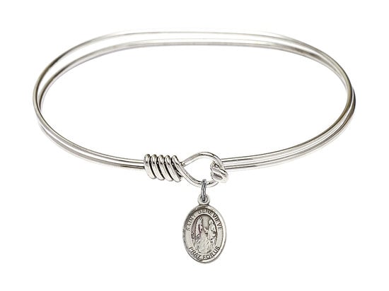 Saint Genevieve Sterling Silver Charm on a 7 inch Oval Eye Hook Rhodium Bangle Bracelet
