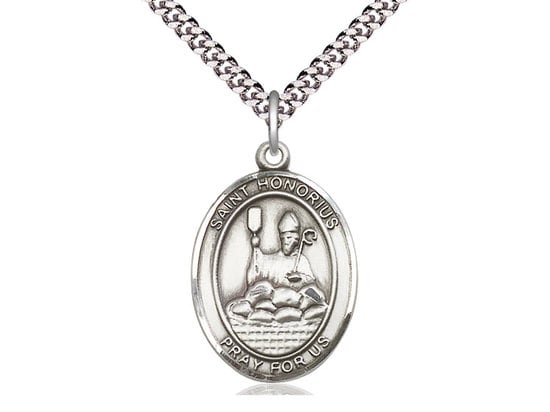 St Honorius Sterling Silver Pendant  on a 24 inch Light Rhodium Heavy Curb Chain.