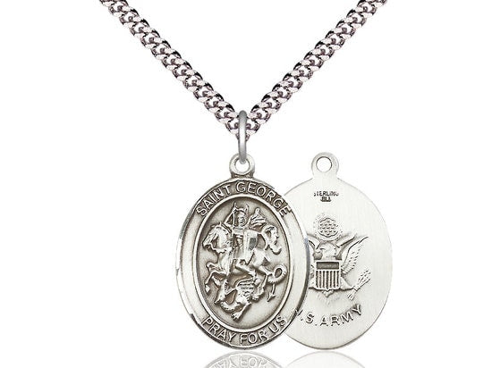 St George Army Sterling Silver Pendant on a 24 inch Light Rhodium Heavy Curb Chain.