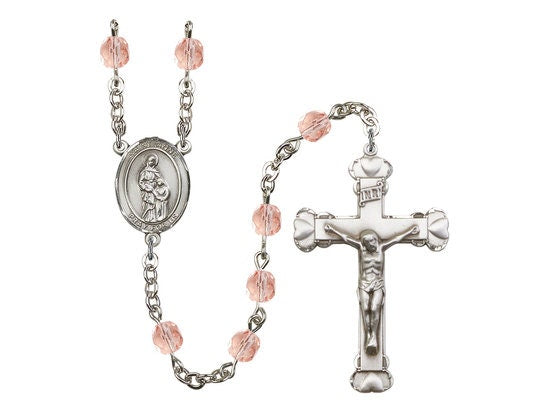 St. Anne Center Hand Made Silver Plate Rosary with 6mm Fire Polished Pink Beads