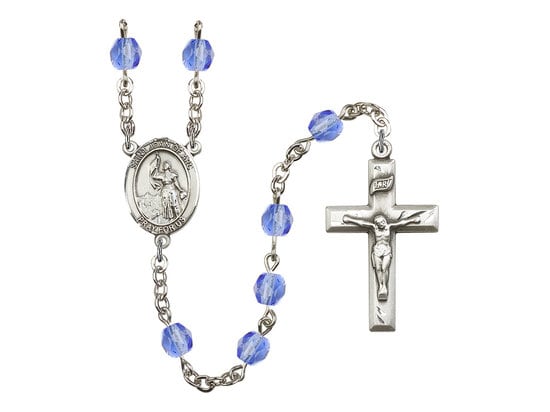 St. Joan of Arc Center Hand Made Silver Plate Rosary with 6mm Fire Polished Sapphire Beads