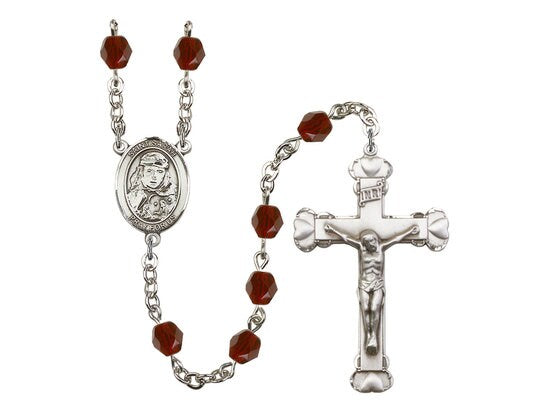 St. Sarah Center Hand Made Silver Plate Rosary with 6mm Fire Polished Garnet Beads