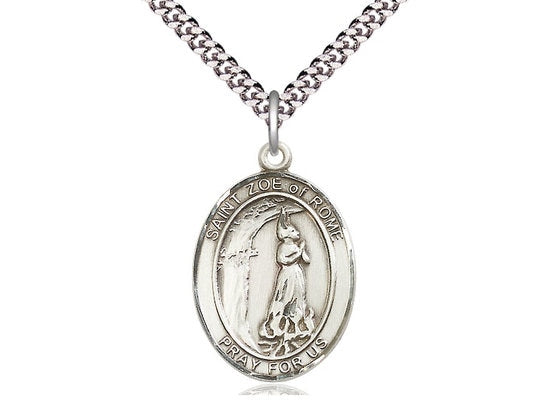 St Zoe of Rome Sterling Silver Pendant on a 24 inch Light Rhodium Heavy Curb Chain.