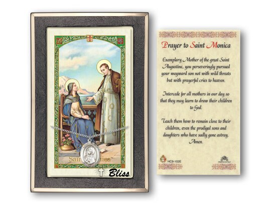 Saint Monica Medal on a 18 inch Lite Curb Chain with a Prayer to St Monica Prayer Card.