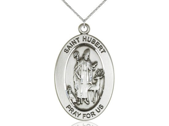 St. Hubert of Liege Sterling Silver Pendant on a 18 inch Sterling Silver Light Curb Chain.
