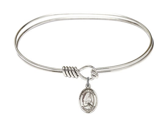 Saint Emily de Vialar Sterling Silver Charm on a 7 inch Oval Eye Hook Rhodium Bangle Bracelet