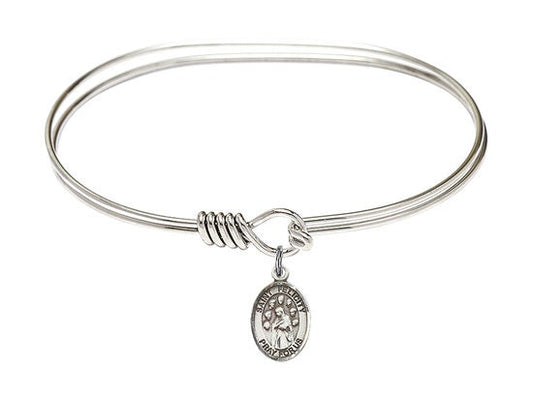 Saint Felicity Sterling Silver Charm on a 7 inch Oval Eye Hook Rhodium Bangle Bracelet