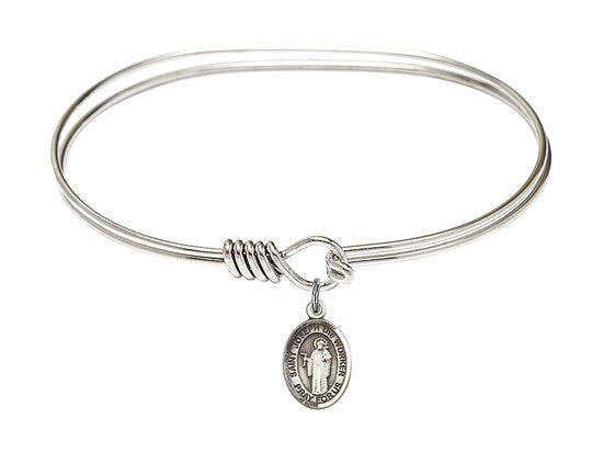 Saint Joseph the Worker Sterling Silver Charm on a 7 inch Oval Eye Hook Rhodium Bangle Bracelet