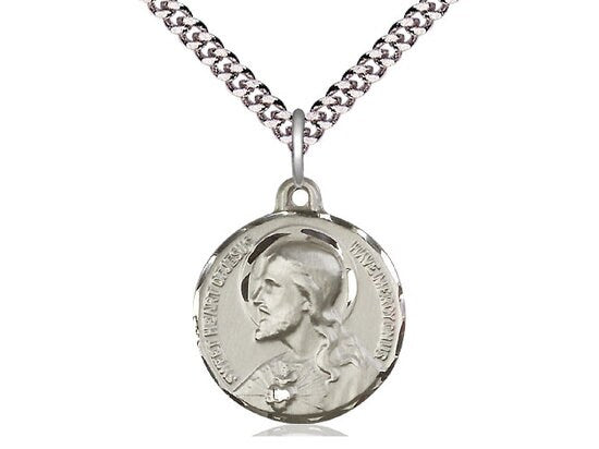 Sacred Heart of Jesus Sterling Silver Pendant on a 24 inch Light Rhodium Heavy Curb Chain.