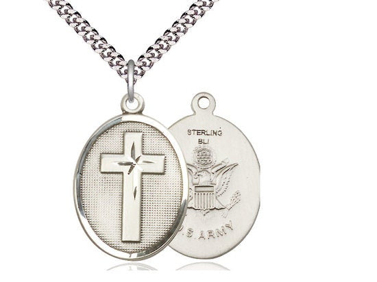 Cross Army Sterling Silver Pendant on a 24 inch Light Rhodium Heavy Curb Chain.