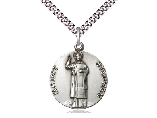 St Stephen Sterling Silver Pendant on a 24 inch Light Rhodium Heavy Curb Chain.