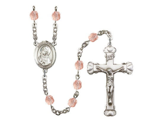 St. Monica Center Hand Made Silver Plate Rosary with 6mm Fire Polished Pink Beads