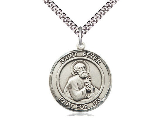 St Peter the Apostle Sterling Silver Pendant on a 24 inch Light Rhodium Heavy Curb Chain.