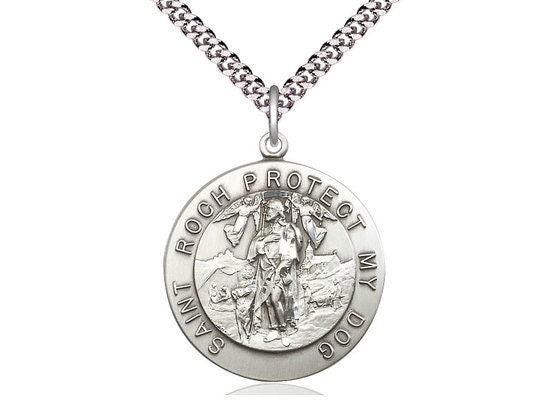 St Roch Sterling Silver Pendant on a 24 inch Light Rhodium Heavy Curb Chain.