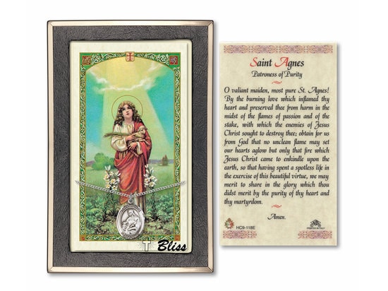 Saint Agnes of Rome Medal on a 18 inch Lite Curb Chain with a Prayer to St Agnes Prayer Card.