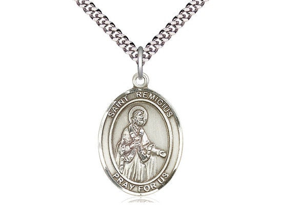 St Remigius of Reims Sterling Silver Pendant on a 24 inch Light Rhodium Heavy Curb Chain.