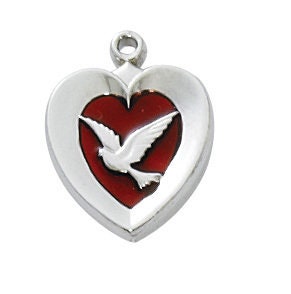Enameled Heart & Dove Pendant Necklace Sterling Silver