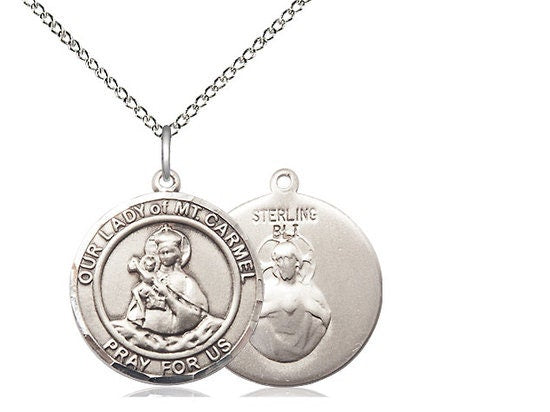 Our Lady of Mount Carmel Sterling Silver Pendant on a 18 inch Sterling Silver Light Curb Chain.