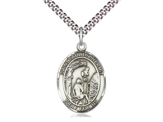 Paul the Hermit Sterling Silver Pendant on a 24 inch Light Rhodium Heavy Curb Chain.