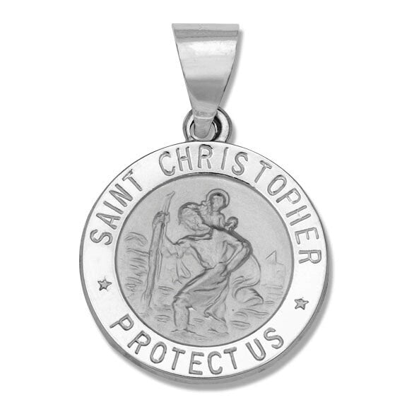 14K White 15 mm Hollow Round St. Christopher Medal