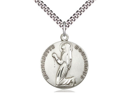St Bernadette Sterling Silver Pendant on a 24 inch Light Rhodium Heavy Curb Chain.