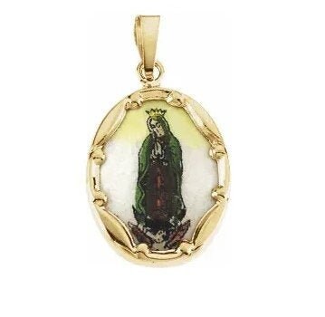 14K Yellow Our Lady of Guadalupe Hand-Painted Porcelain Medal