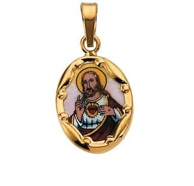 14K Yellow  Sacred Heart of Jesus Hand-Painted Porcelain Pendant