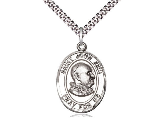 St John XXIII Sterling Silver Pendant on a 24 inch Light Rhodium Heavy Curb Chain.