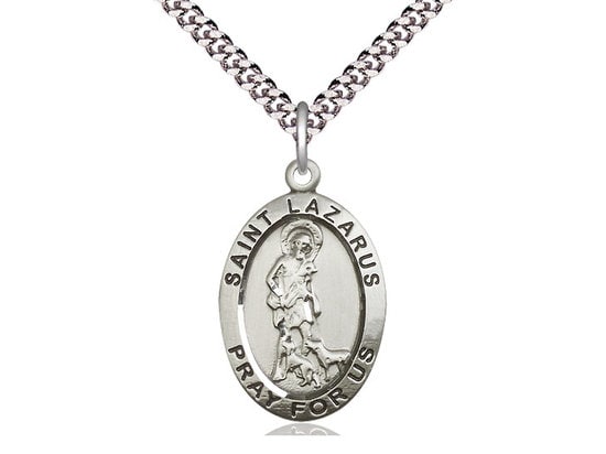 St Lazarus Sterling Silver Pendant on a 24 inch Light Rhodium Heavy Curb Chain.