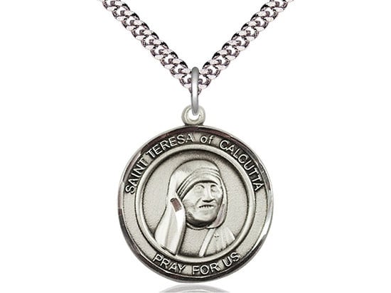 St. Teresa of Calcutta Sterling Silver Pendant on a 24 inch Light Rhodium Heavy Curb Chain.