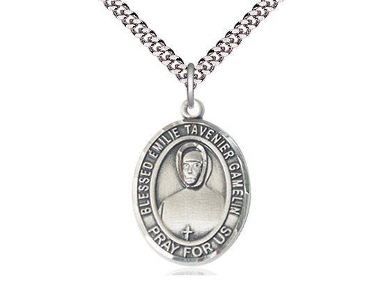 Blessed Emilie Tavernier Gamelin Sterling Silver Pendant on a 24 inch Light Rhodium Heavy Curb Chain.