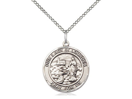 Our Lady Of  Lourdes Sterling Silver Pendant on a 18 inch Sterling Silver Light Curb Chain.