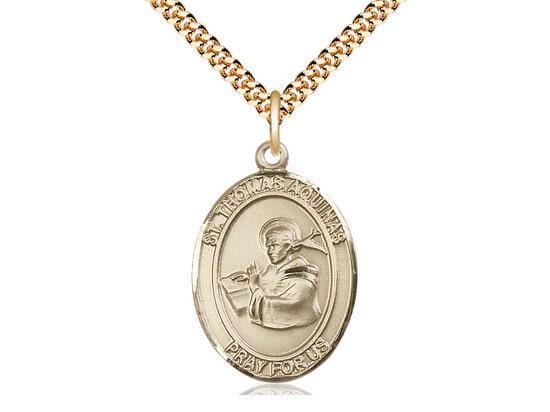 St Thomas Aquinas 14kt Gold Filled Pendant on a 24 inch Gold Plate Heavy Curb Chain.