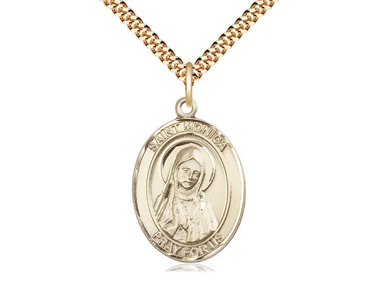 St Monica 14kt Gold Filled Pendant on a 24 inch Gold Plate Heavy Curb Chain.