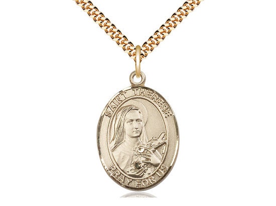St Therese of Lisieux 14kt Gold Filled Pendant on a 24 inch Gold Plate Heavy Curb Chain.