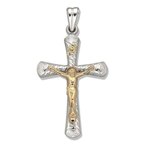 Sterling Silver & 14KT Yellow Gold Crucifix - 1 1/2 X 7/8 Inch