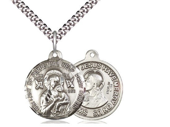 Our Lady Perpetual Help / Sacred Heart of Jesus Sterling Silver Pendant on a 24 inch Light Rhodium Heavy Curb Chain.