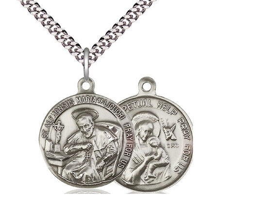 Saint Alphonsus / Our Lady Perpetual Help Sterling Silver Pendant on a 24 inch Light Rhodium Heavy Curb Chain.