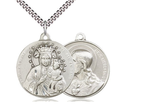 Our Lady of Czestochowa / Sacred Heart of Jesus Sterling Silver Pendant on a 24 inch Light Rhodium Heavy Curb Chain.