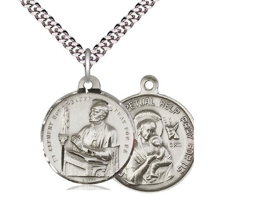 Saint Clement Hofbauer / Our Lady Perpetual Help Sterling Silver Pendant on a 24 inch Light Rhodium Heavy Curb Chain.