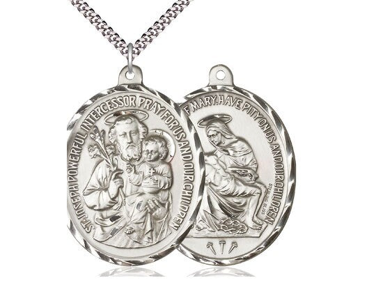 Saint Joseph / Christian Mother Sterling Silver Pendant on a 24 inch Light Rhodium Heavy Curb Chain.
