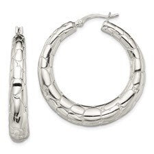 Sterling Silver Polished Textured Hoop Earrings
