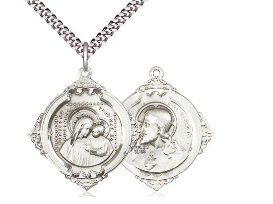 Our Lady of Good Counsel / Sacred Heart of Jesus Sterling Silver Pendant on a 24 inch Light Rhodium Heavy Curb Chain.