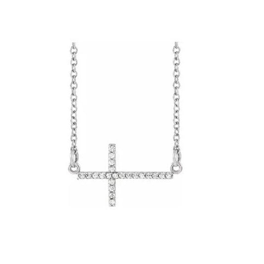 14K White Gold Diamond Sideways Cross 16-18" Necklace