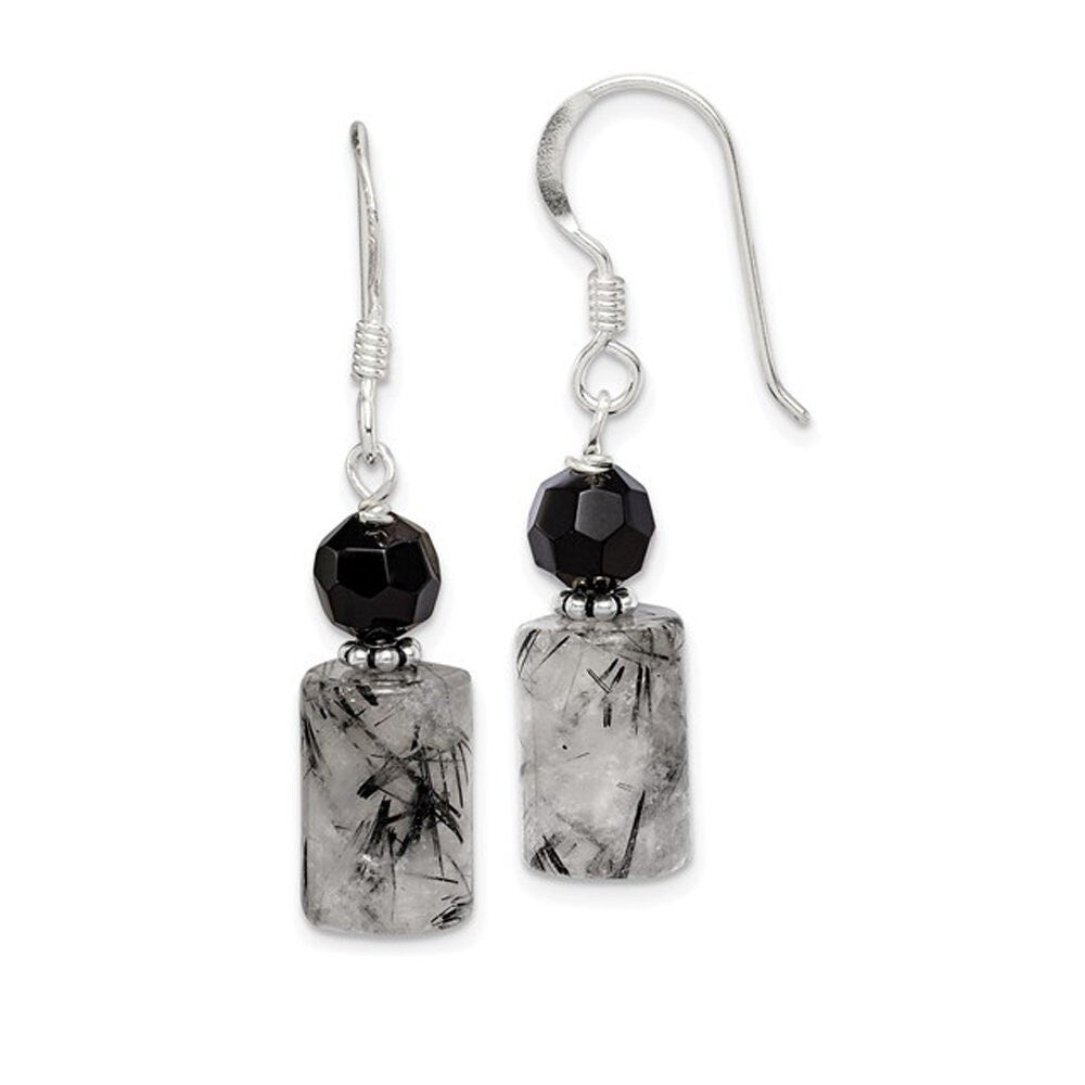 Silver Black Crystal and Tourmalinated Quartz Earrings