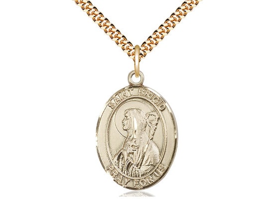 St Brigid of Ireland 14kt Gold Filled Pendant on a 24 inch Gold Plate Heavy Curb Chain.